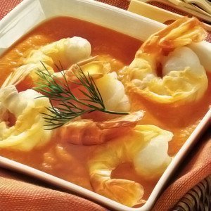 Gambas cocidas con salsa romesco - Garnalen in romescosaus